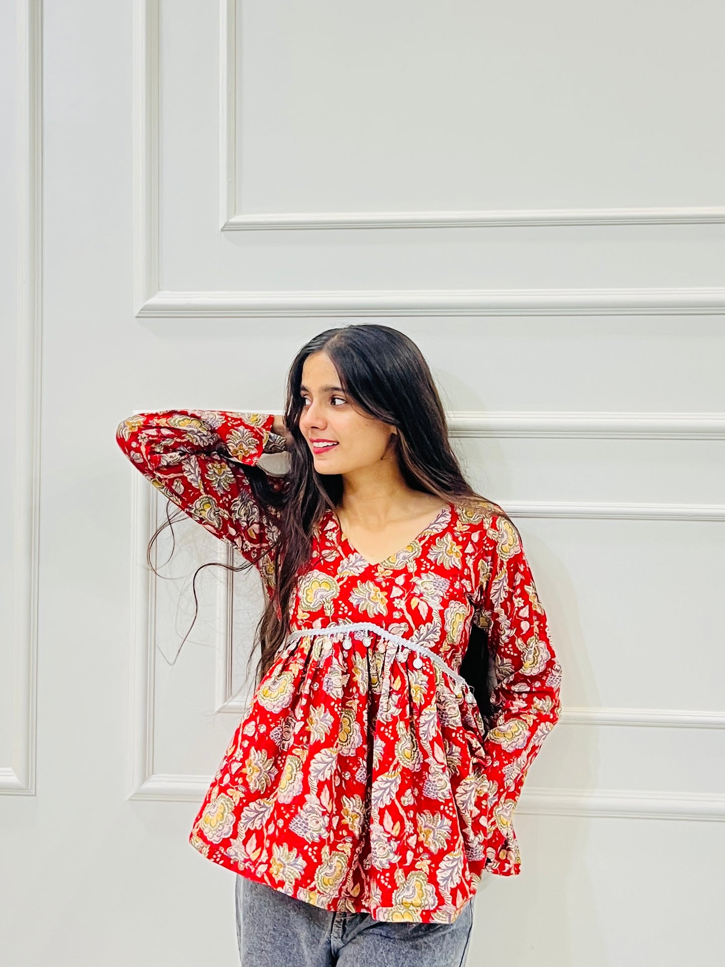 Red floral Anarkali kurta
