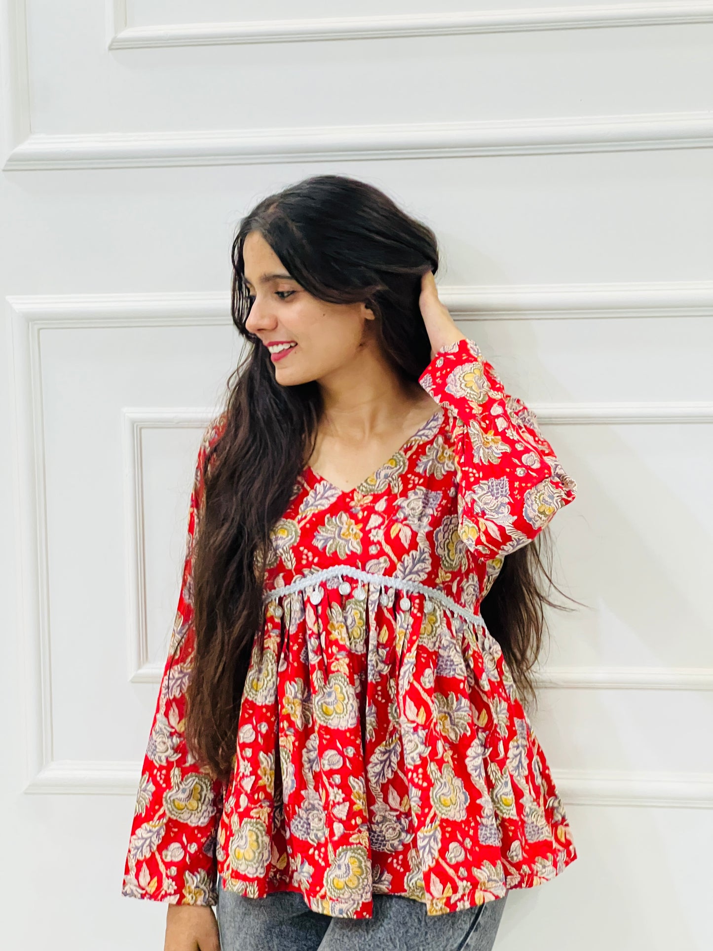 Red floral Anarkali kurta