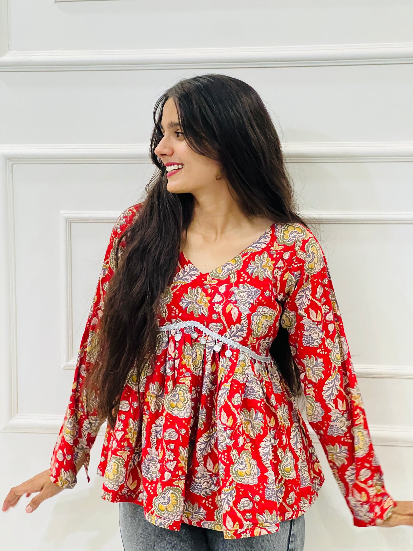 Red floral Anarkali kurta
