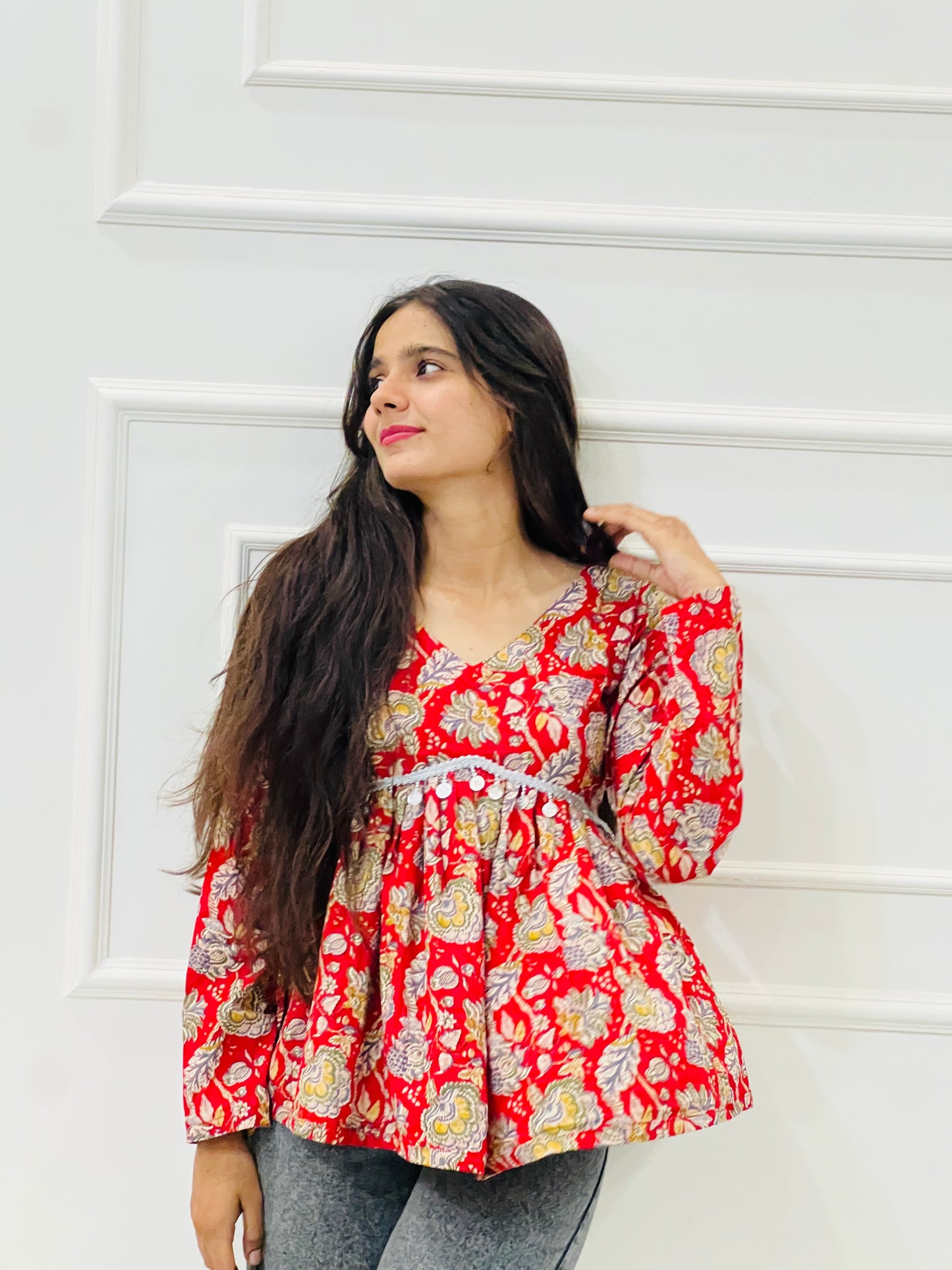 Red floral Anarkali kurta