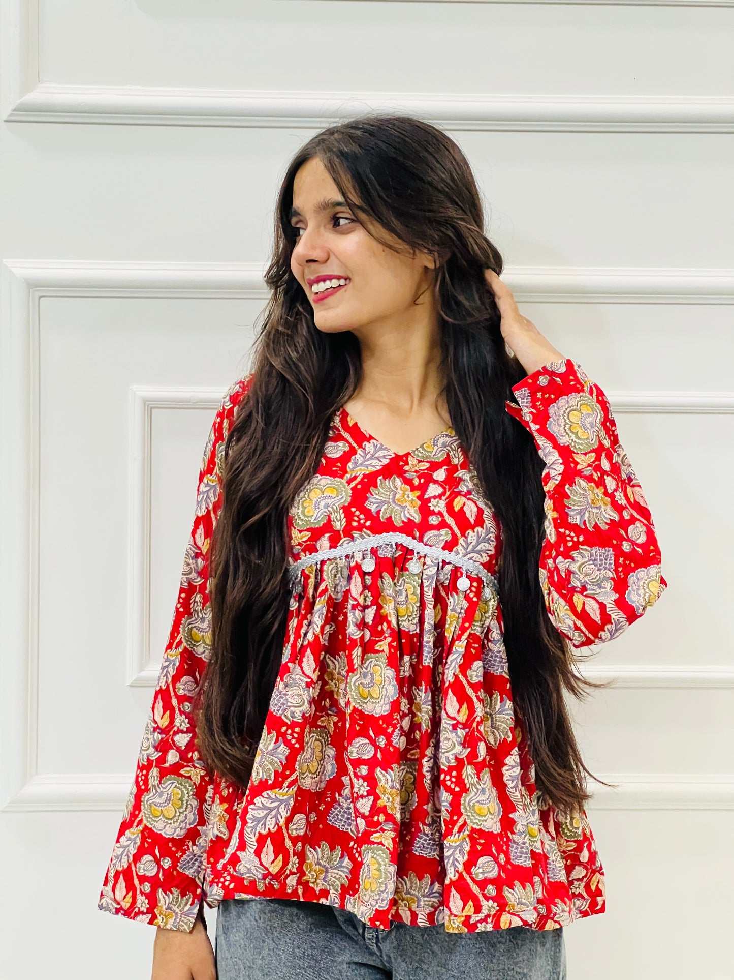 Red floral Anarkali kurta