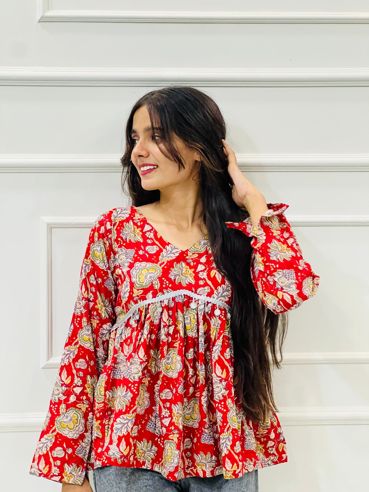 Red floral Anarkali kurta