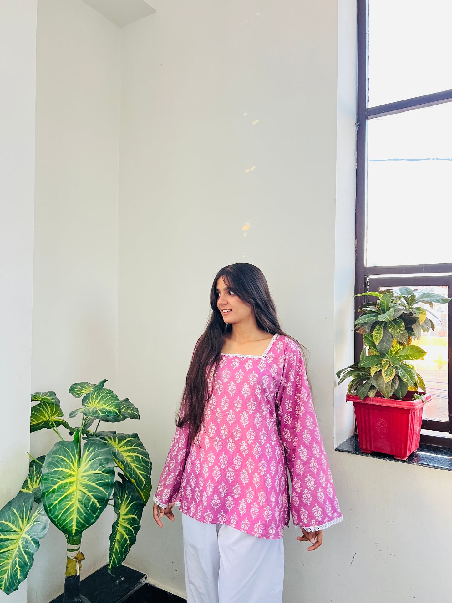 Sanganeri Purple Bell Sleeve Short Kurti