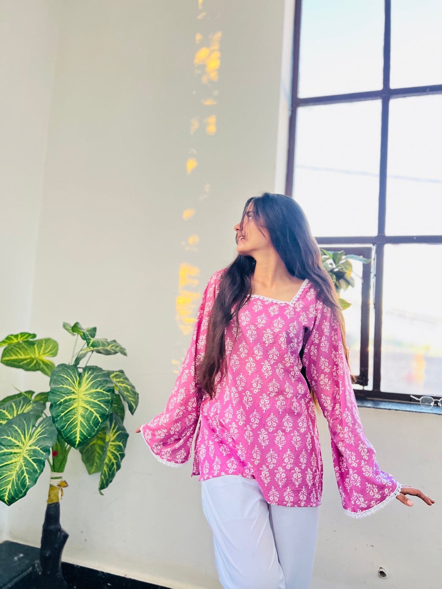 Sanganeri Purple Bell Sleeve Short Kurti