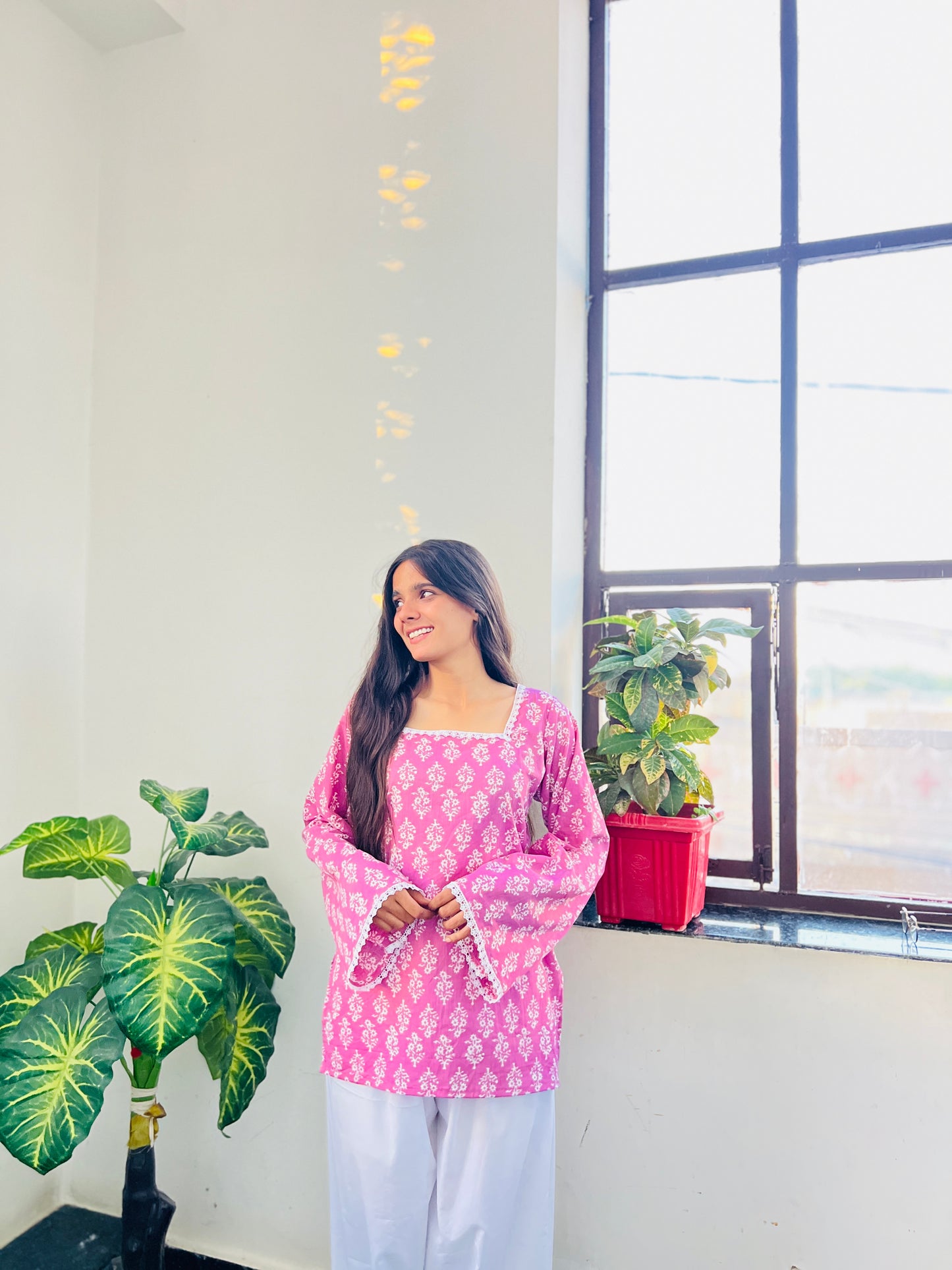 Sanganeri Purple Bell Sleeve Short Kurti