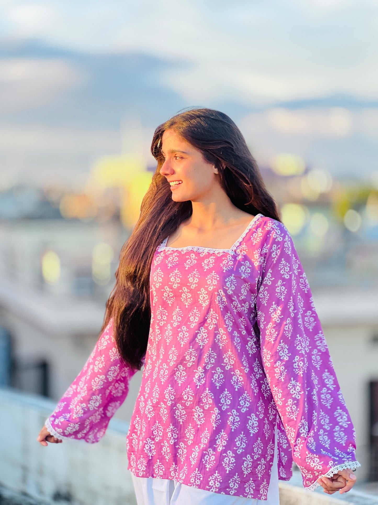 Sanganeri Purple Bell Sleeve Short Kurti