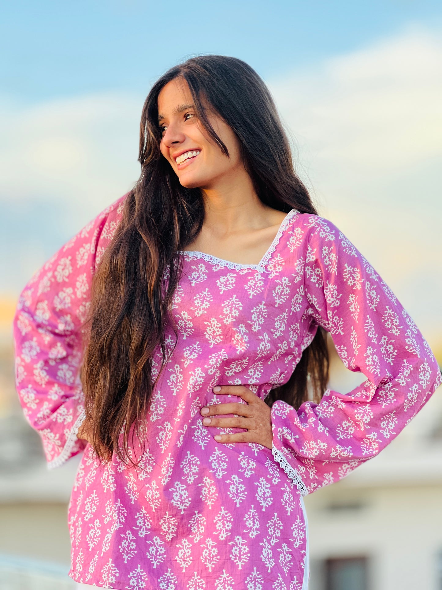 Sanganeri Purple Bell Sleeve Short Kurti