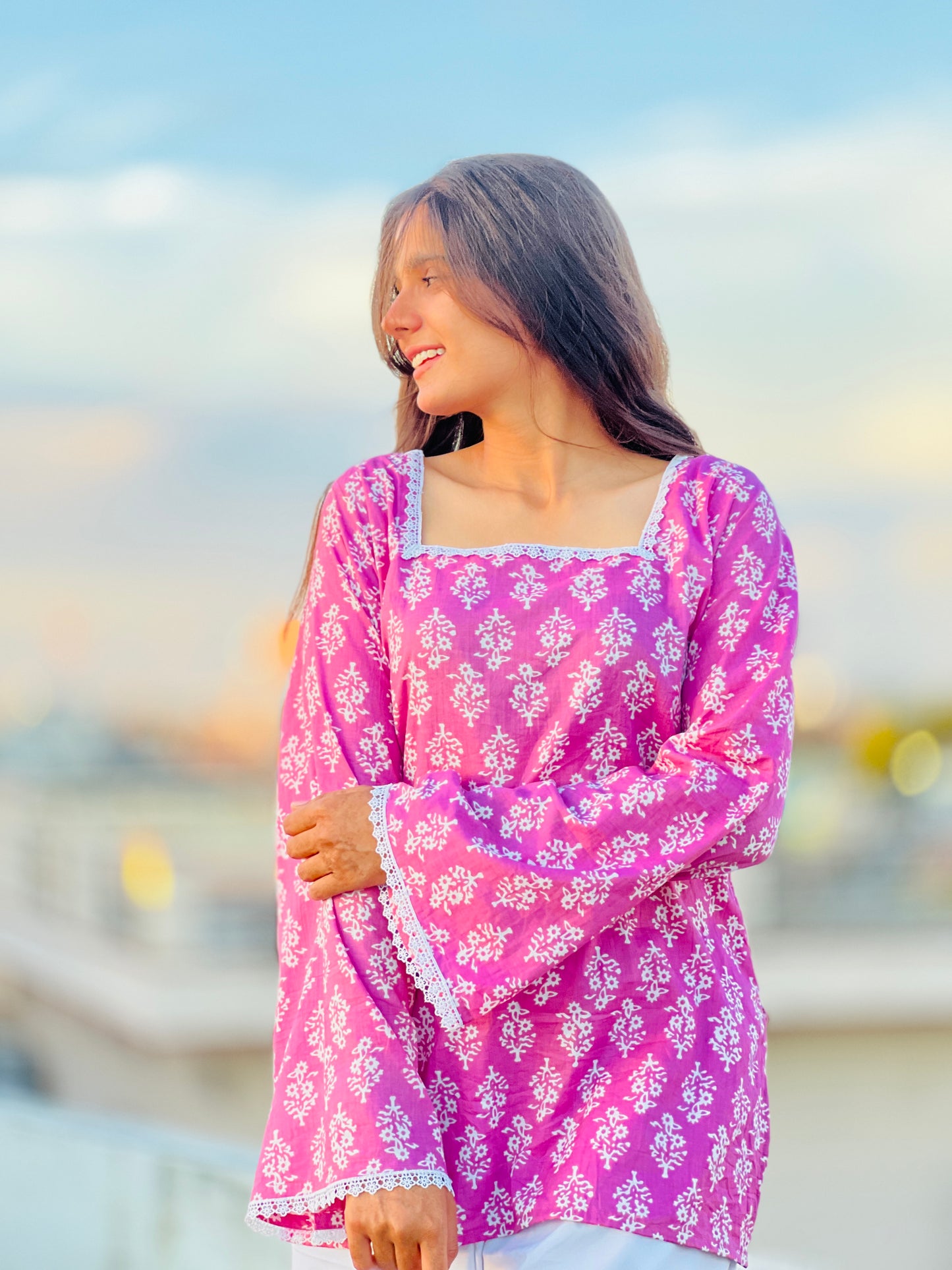 Sanganeri Purple Bell Sleeve Short Kurti