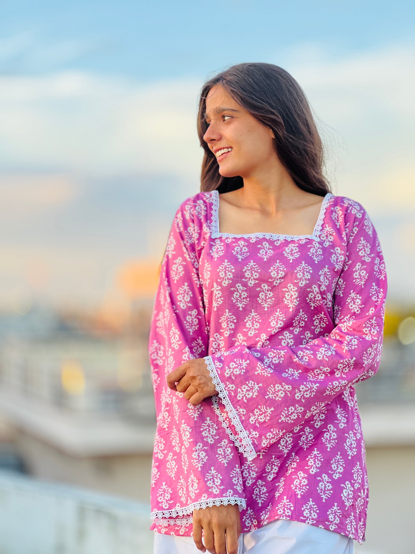 Sanganeri Purple Bell Sleeve Short Kurti