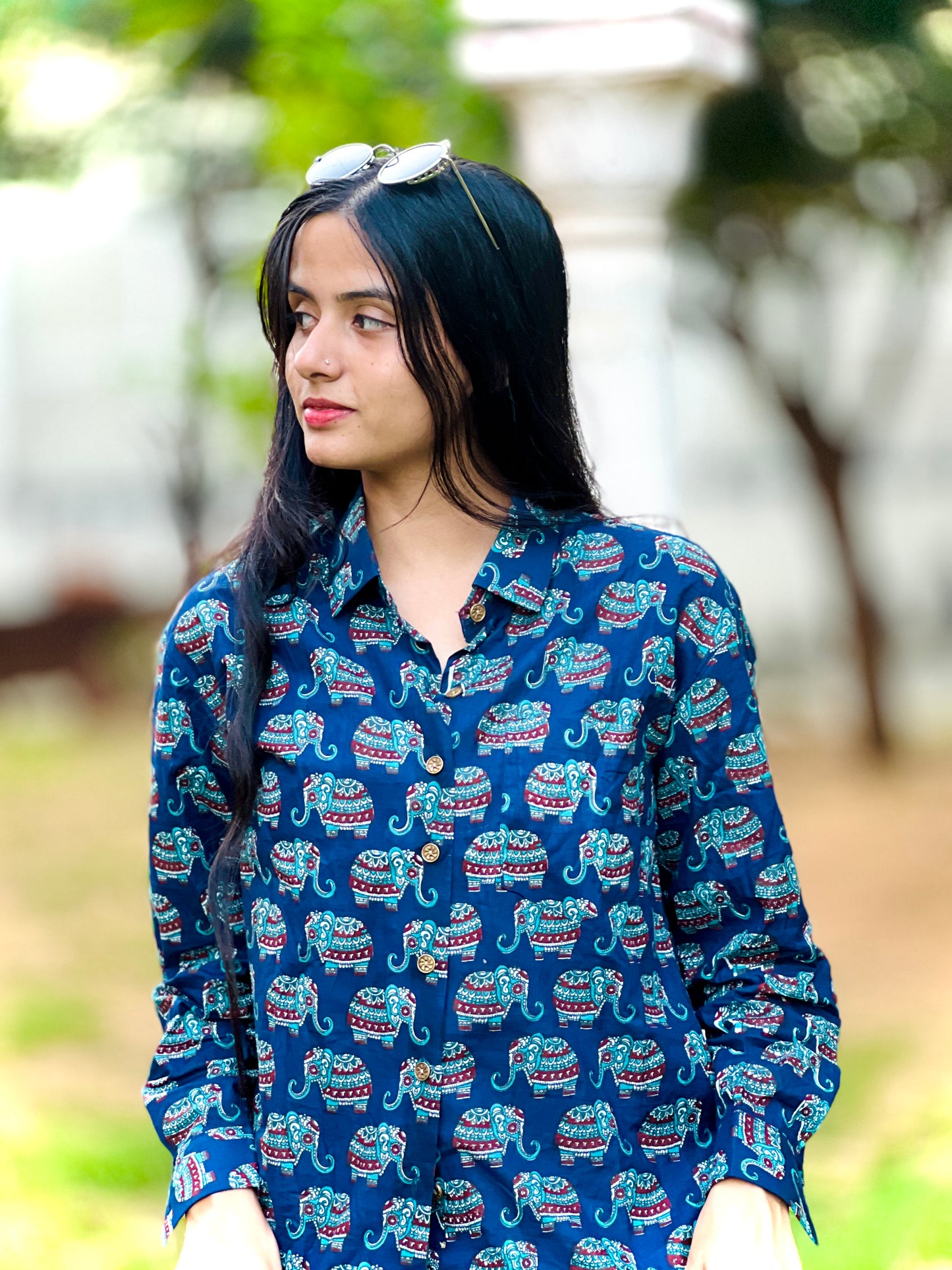 Bohemian Elephant Print Collared Shirt