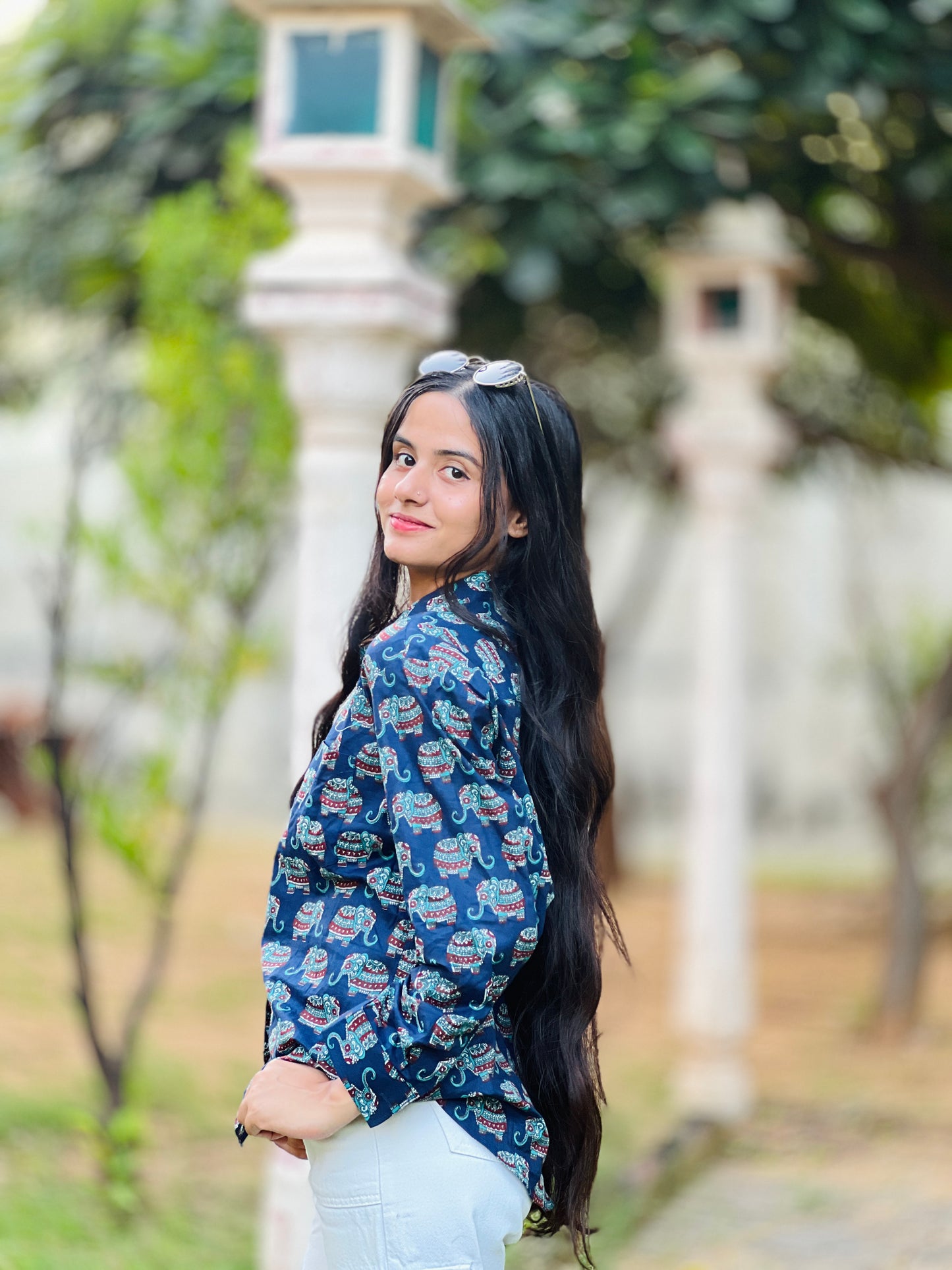 Bohemian Elephant Print Collared Shirt