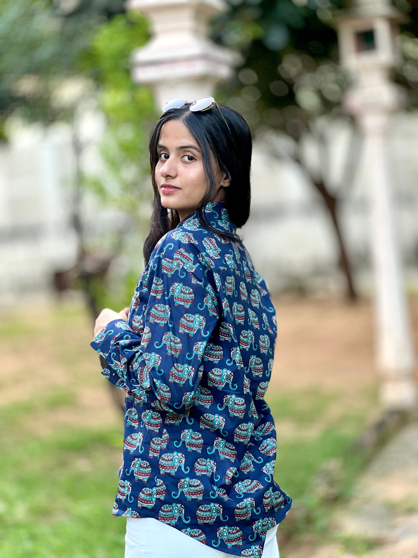 Bohemian Elephant Print Collared Shirt