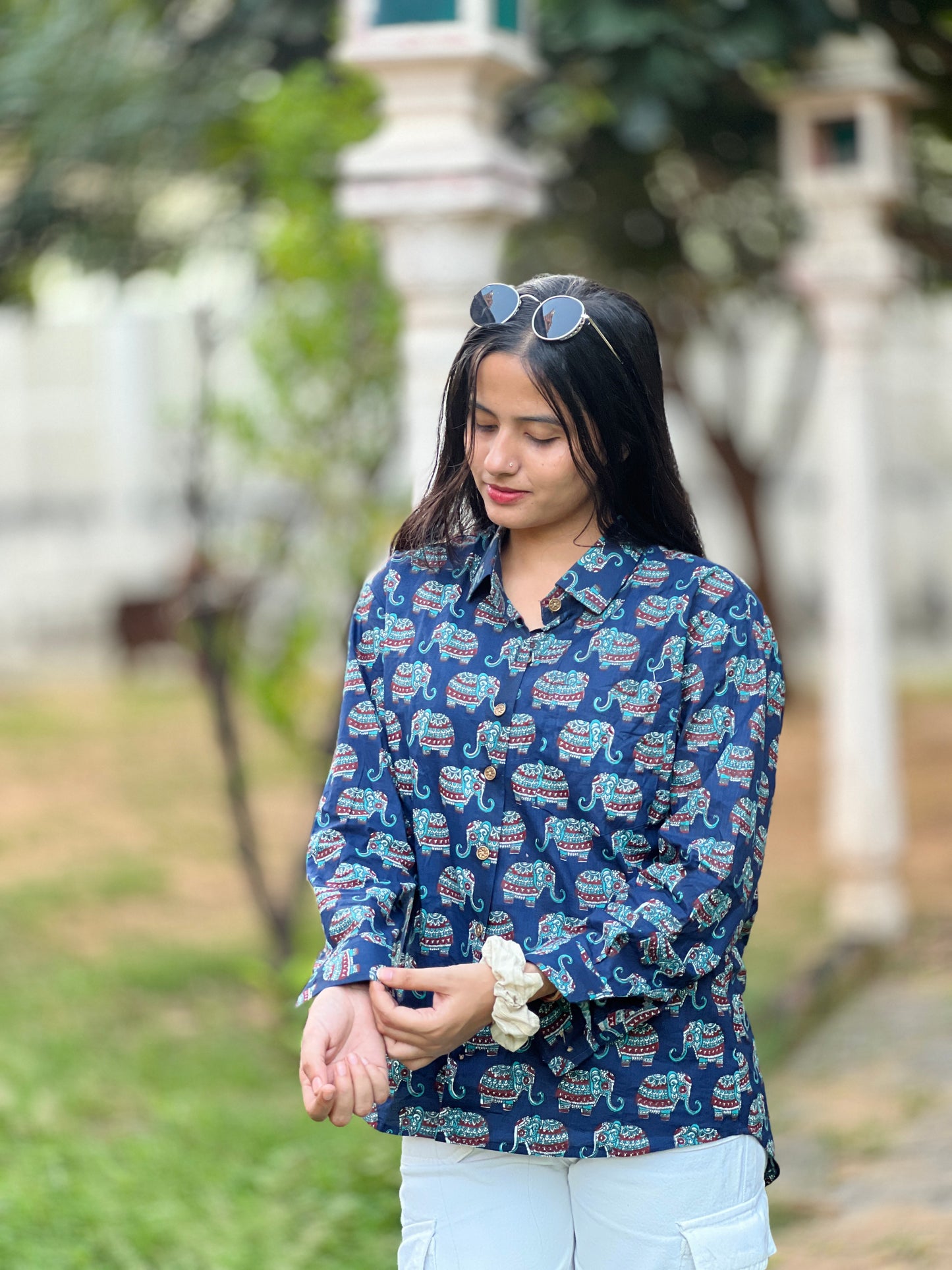 Bohemian Elephant Print Collared Shirt