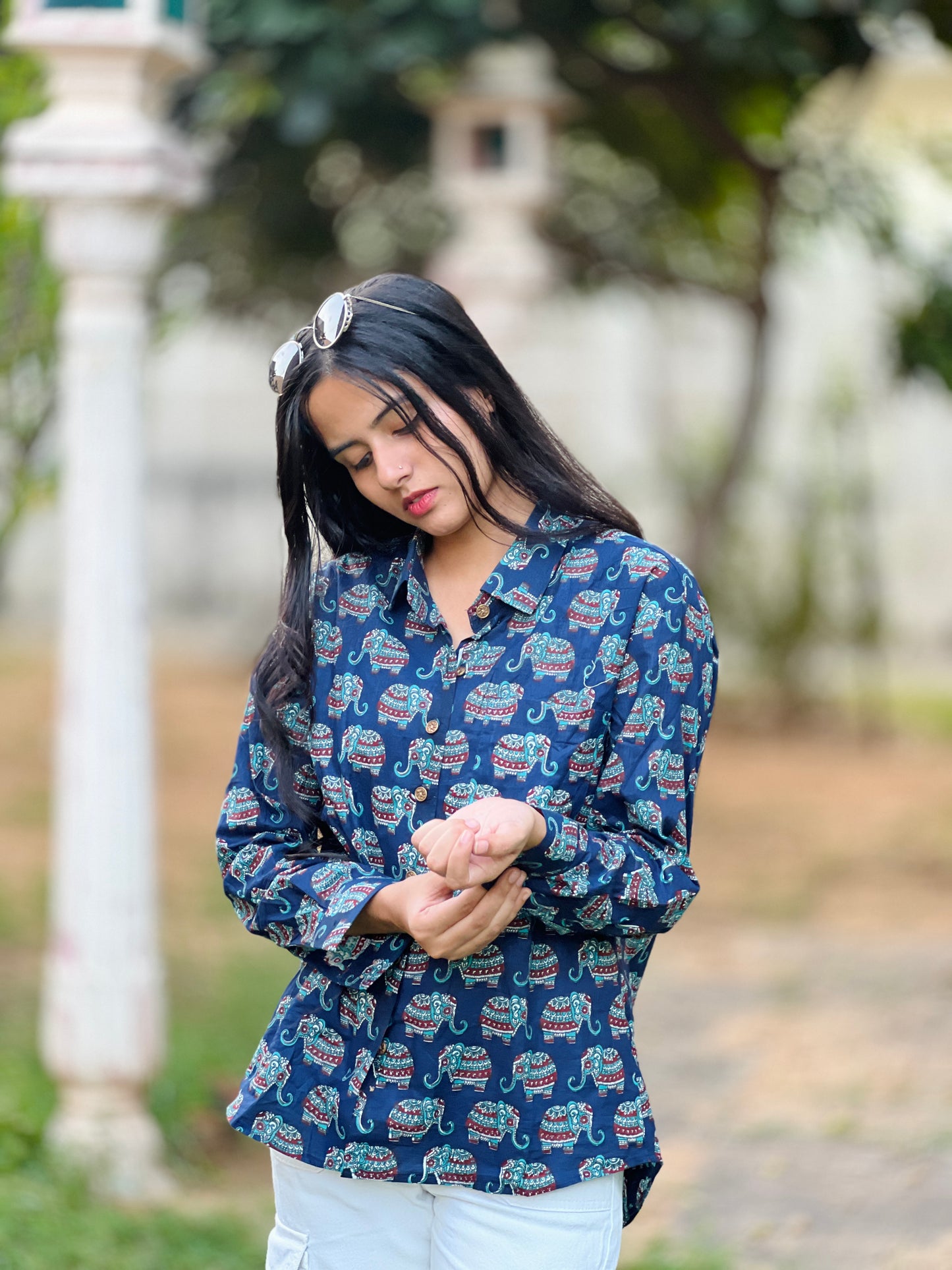 Bohemian Elephant Print Collared Shirt