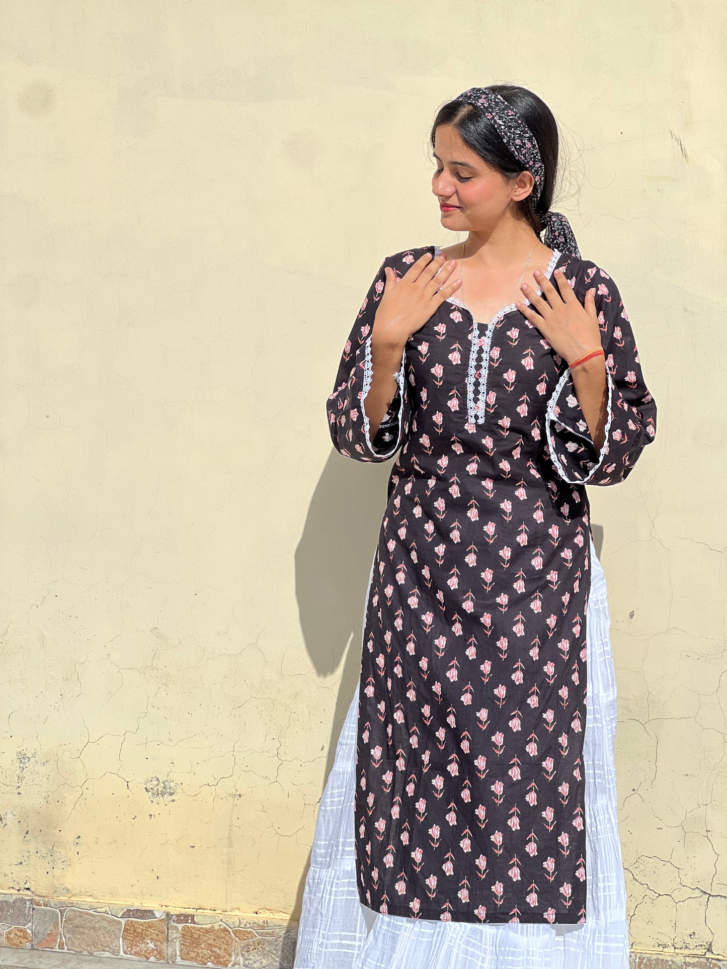 Black floral Kurta with Pakistani flared Sleeves