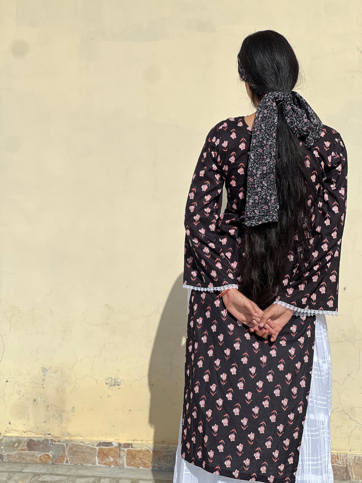 Black floral Kurta with Pakistani flared Sleeves