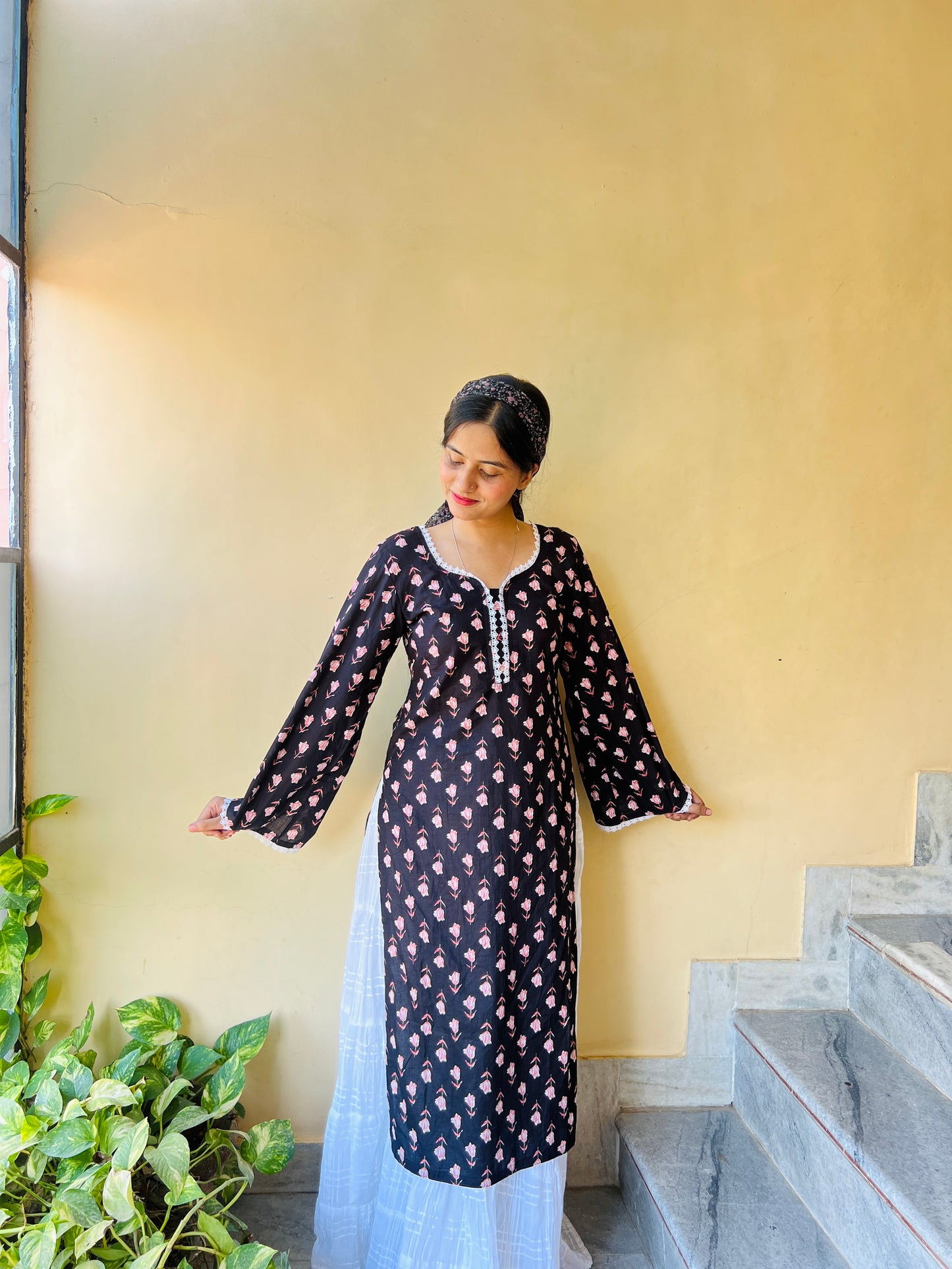 Black floral Kurta with Pakistani flared Sleeves