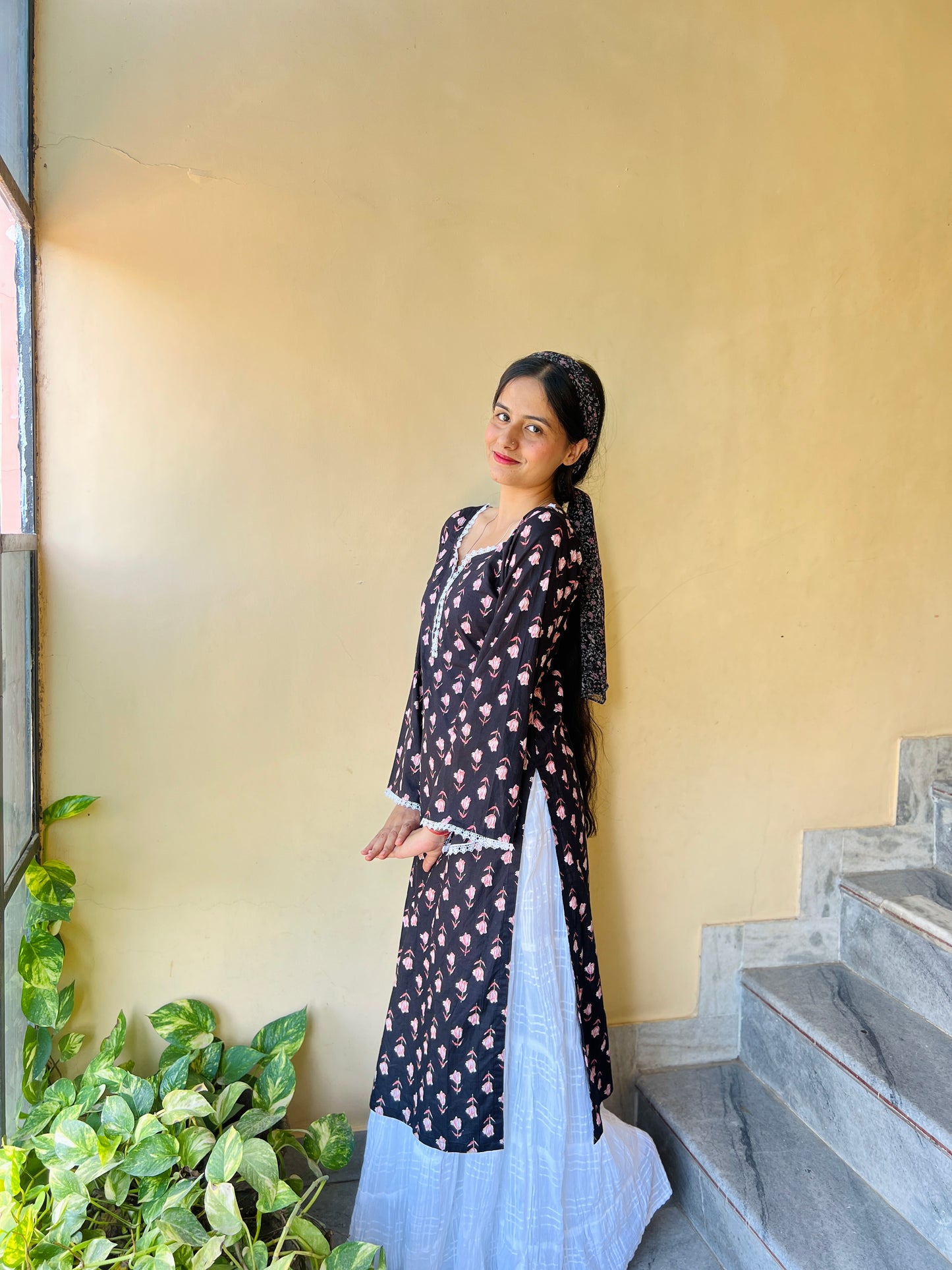 Black floral Kurta with Pakistani flared Sleeves