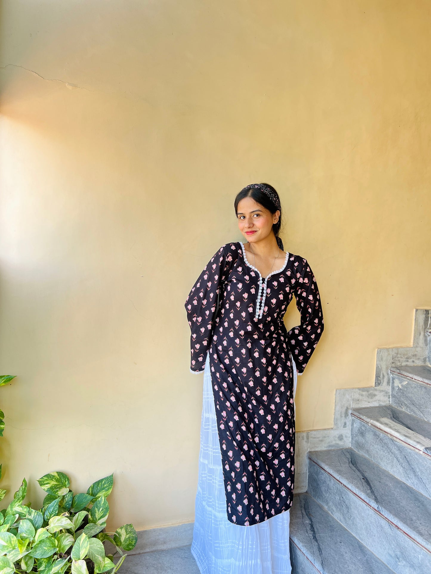 Black floral Kurta with Pakistani flared Sleeves