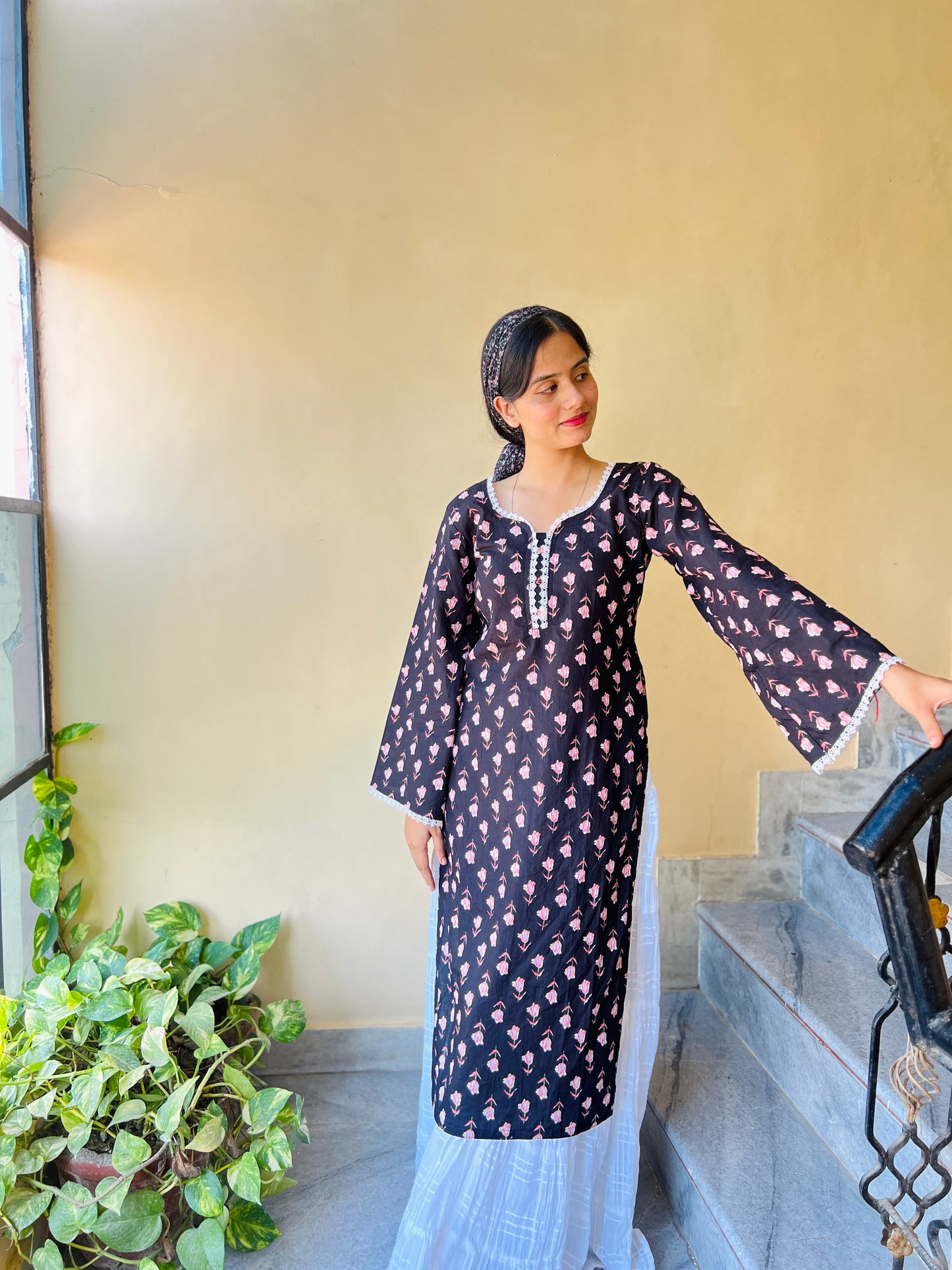 Black floral Kurta with Pakistani flared Sleeves