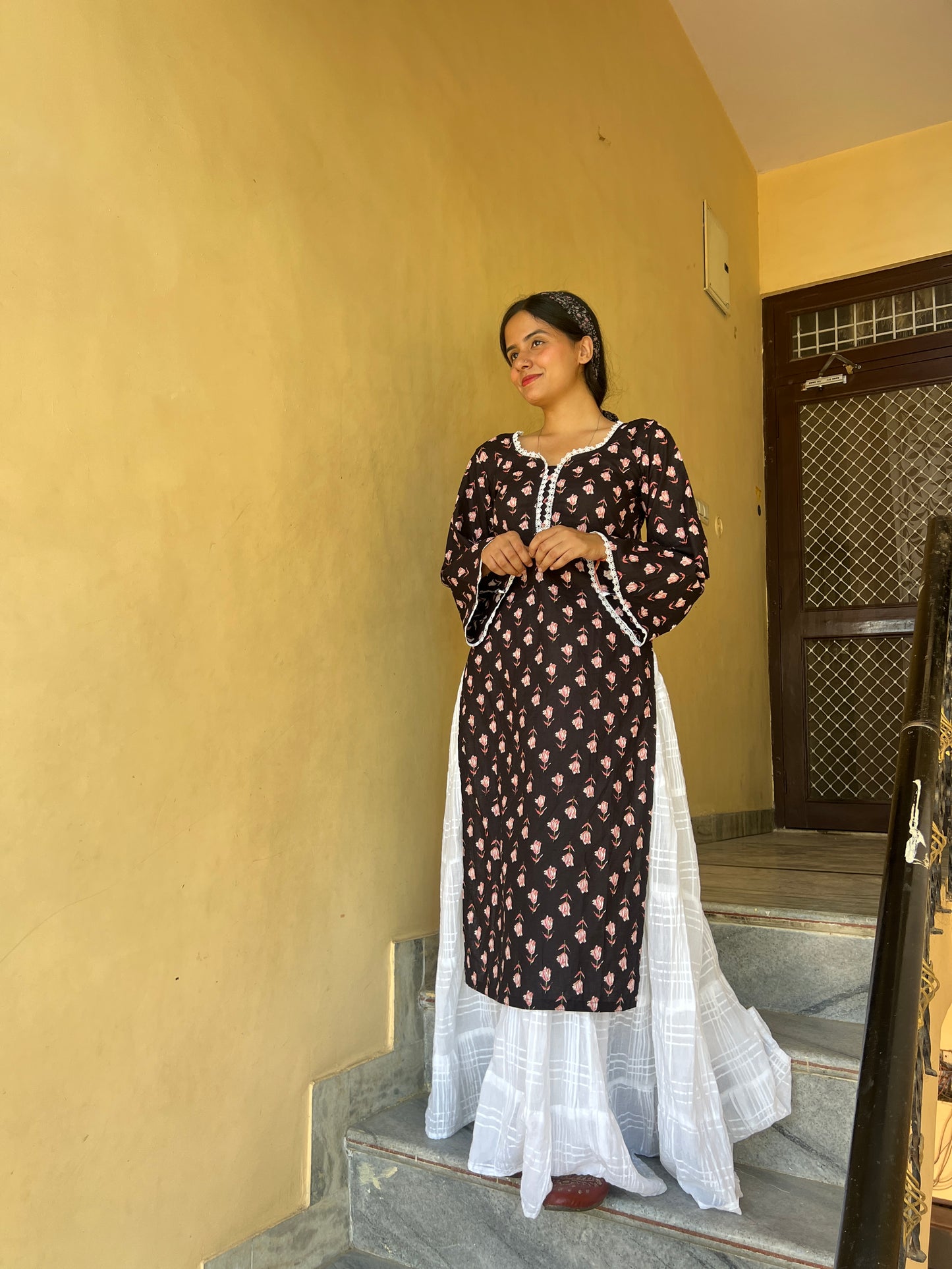 Black floral Kurta with Pakistani flared Sleeves