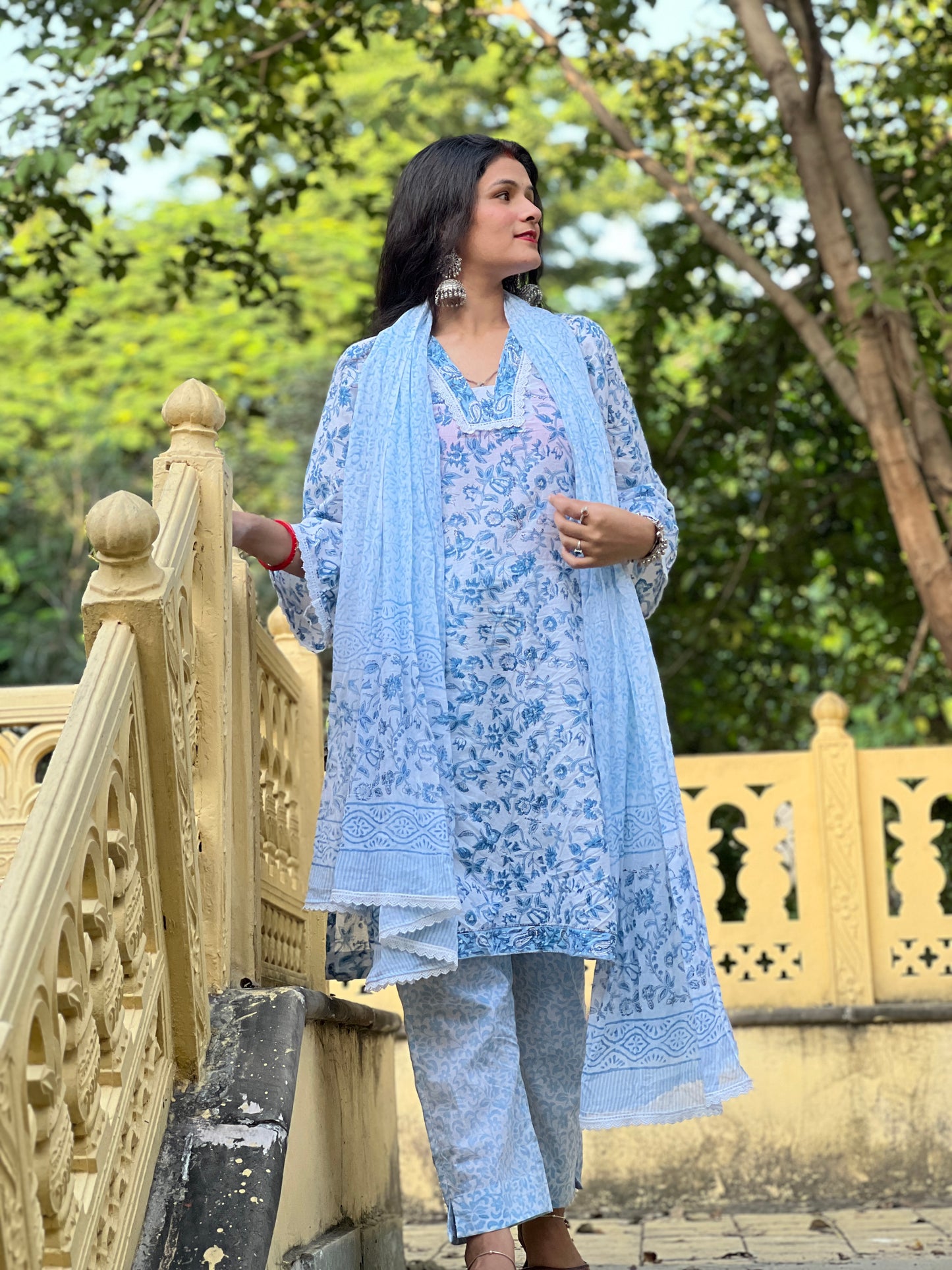 Hand Block printed blue and white kurta set