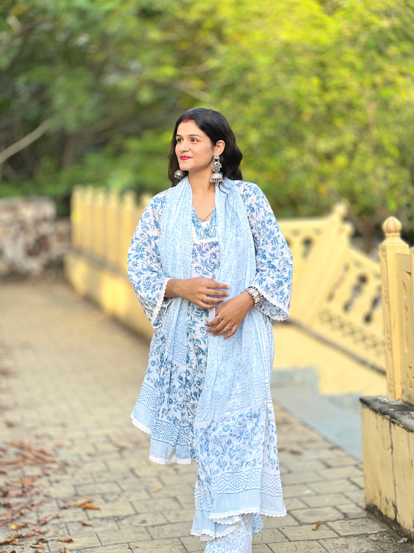 Hand Block printed blue and white kurta set