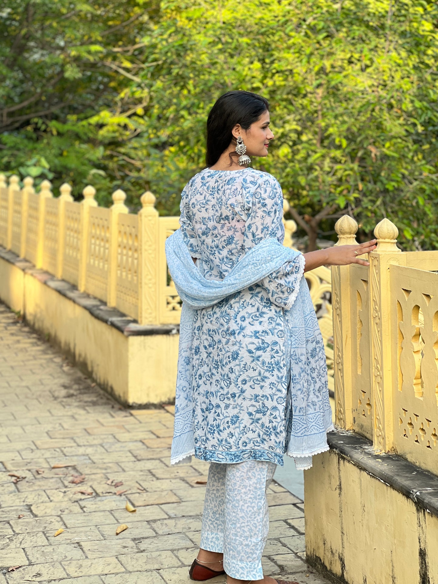 Hand Block printed blue and white kurta set