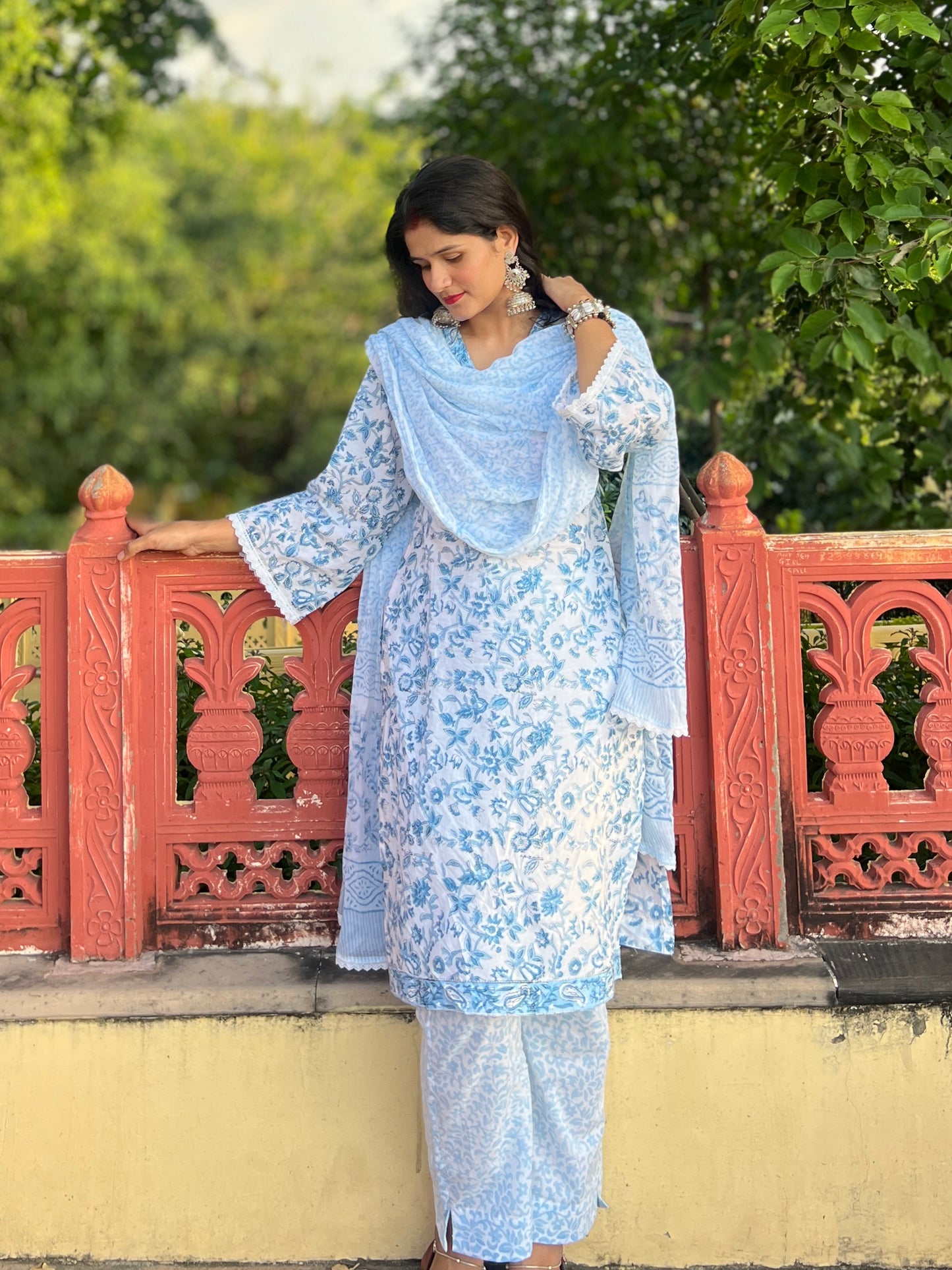 Hand Block printed blue and white kurta set