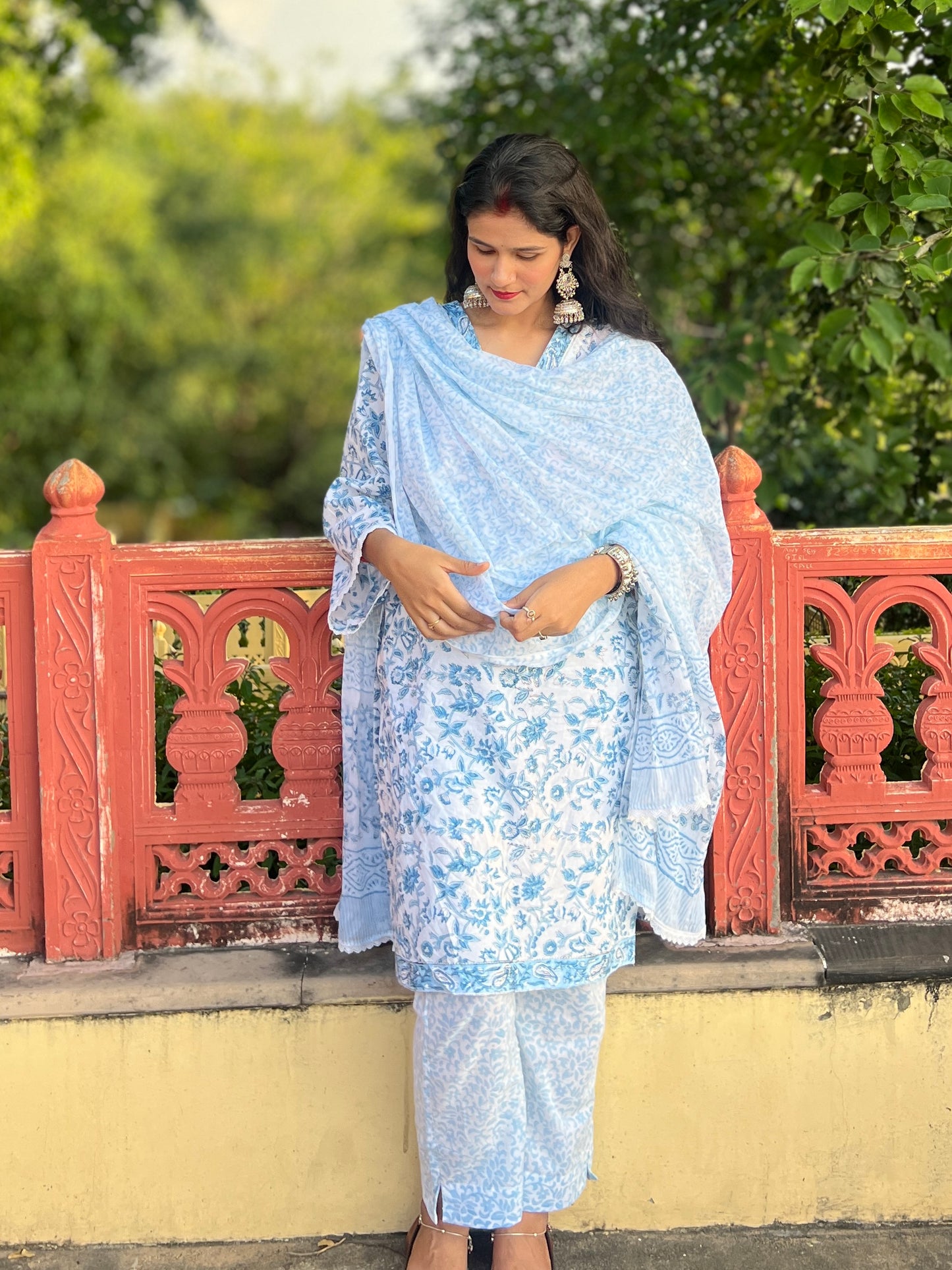 Hand Block printed blue and white kurta set