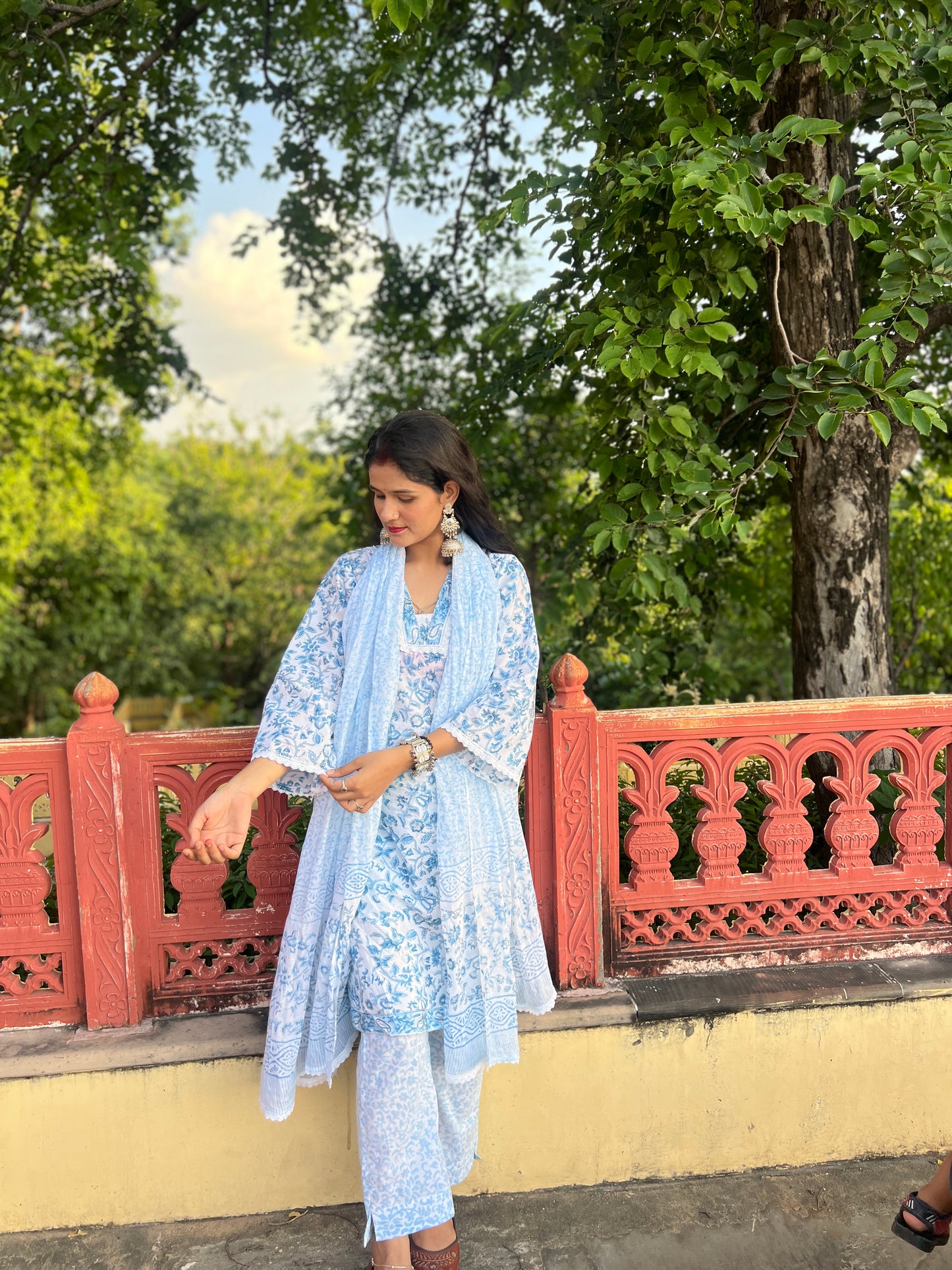 Hand Block printed blue and white kurta set