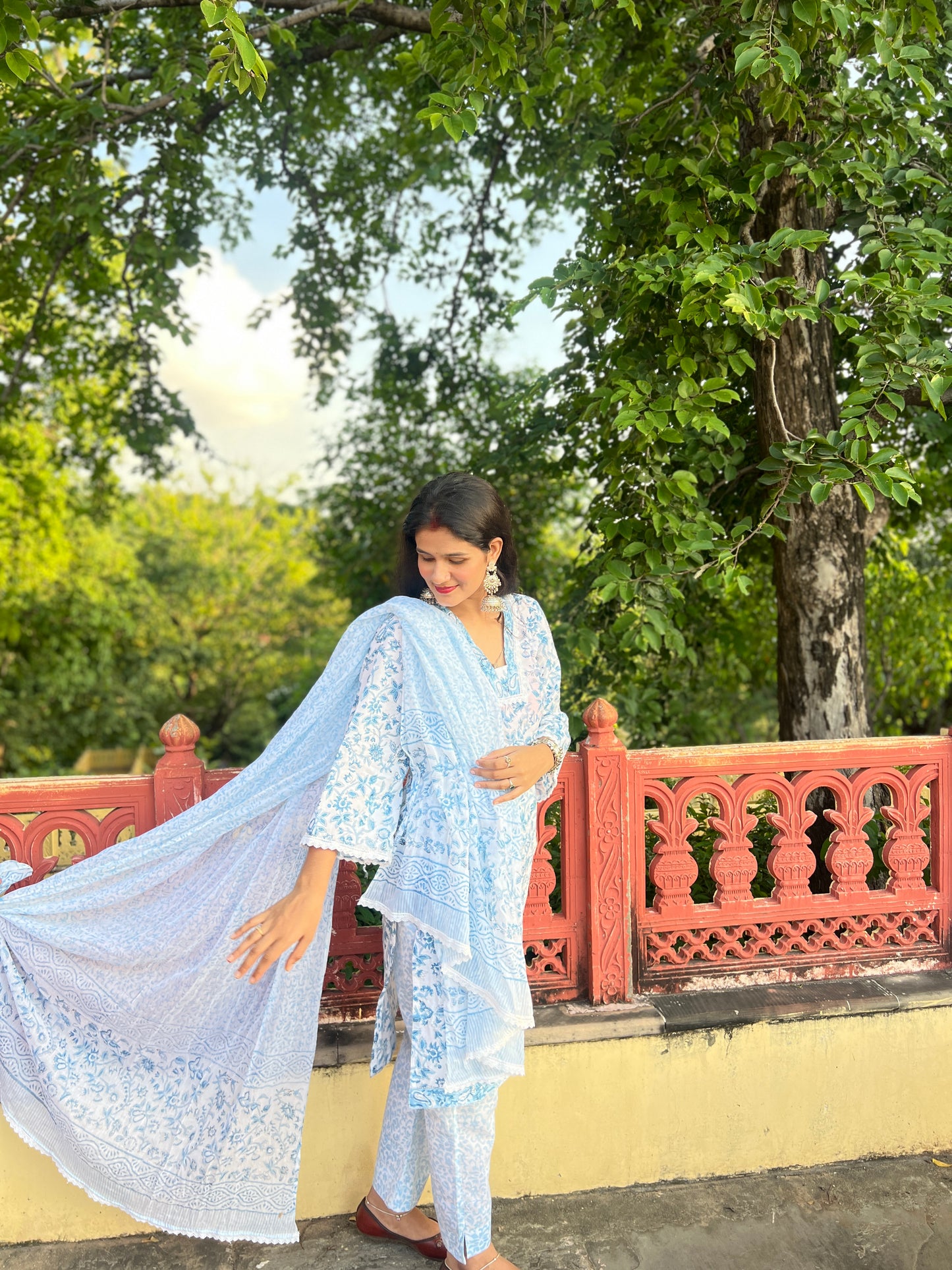 Hand Block printed blue and white kurta set